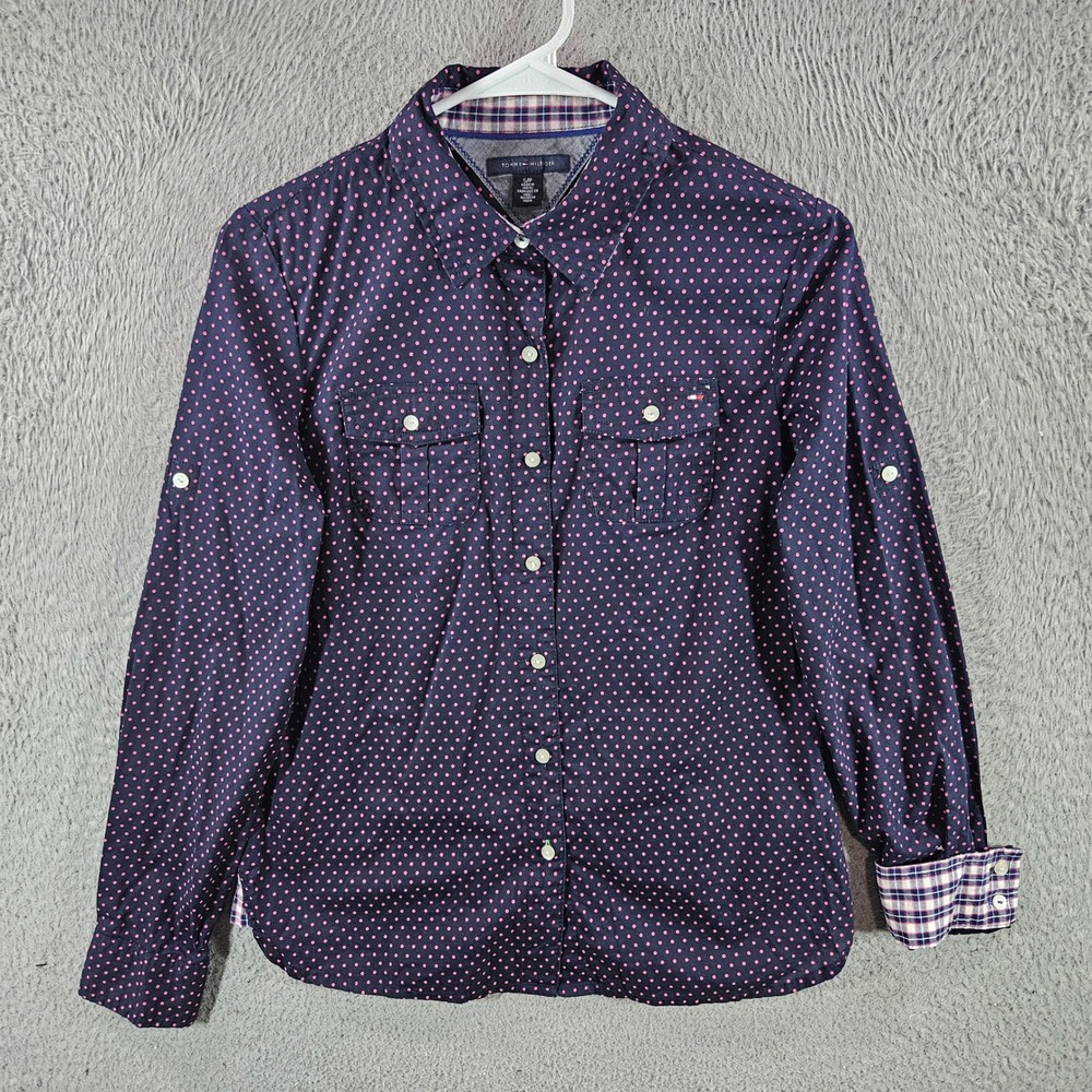 Tommy Hilfiger‎ Womens Navy Pink Polka Dot Cotton Roll Tab Button Down Shirt S